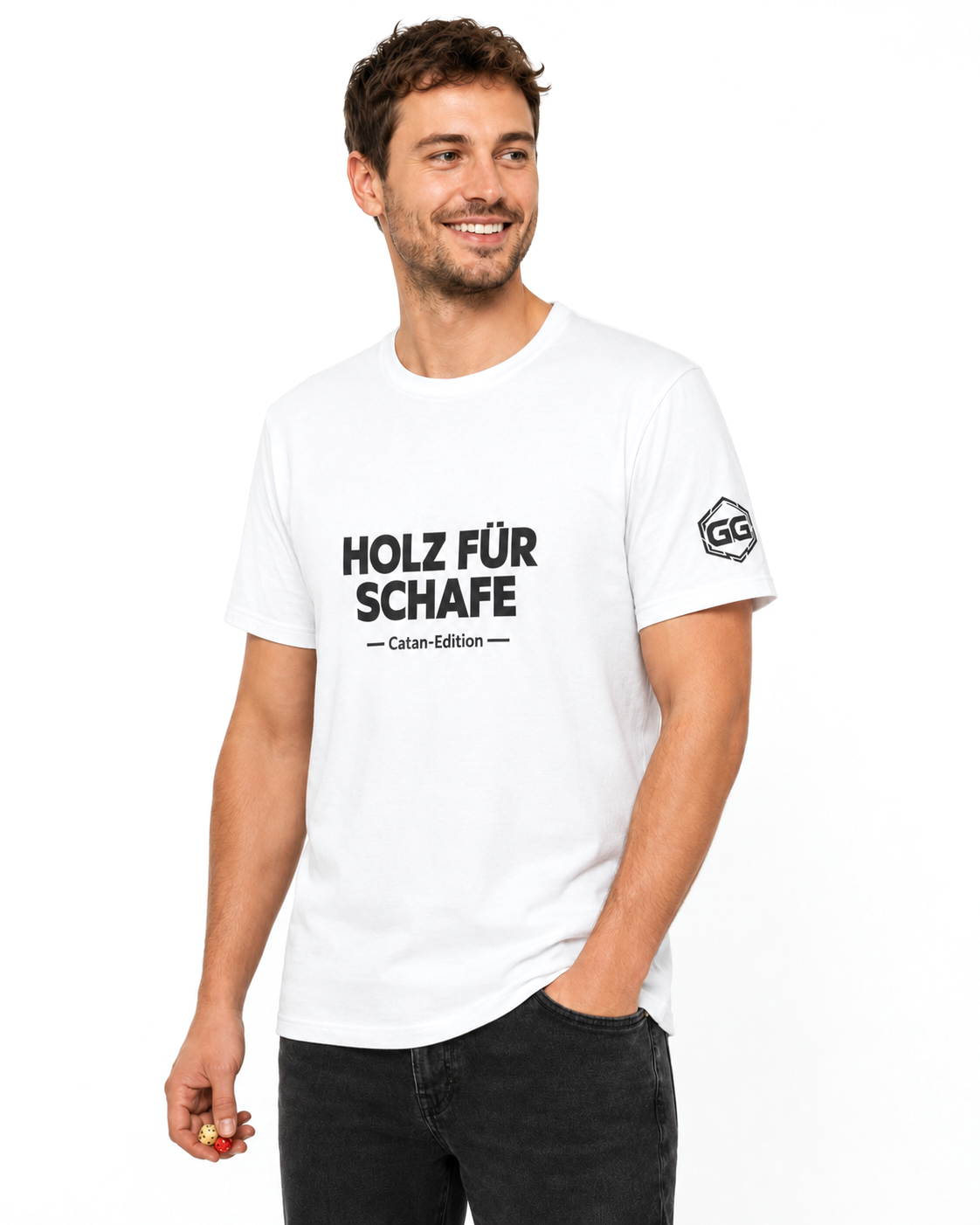 model:0:m | Wood for Sheep T-Shirt — Catan Edition – Model photo in White – Man