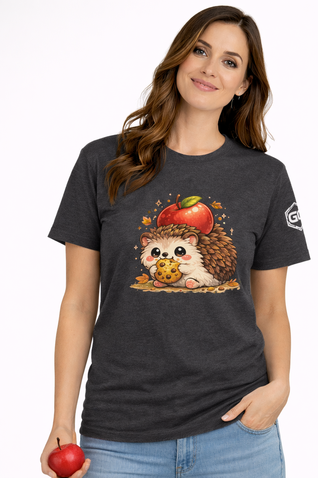 model:6:f | Hedgehog & Apple T-Shirt – Modelfoto in Dunkelmeliert – Frau