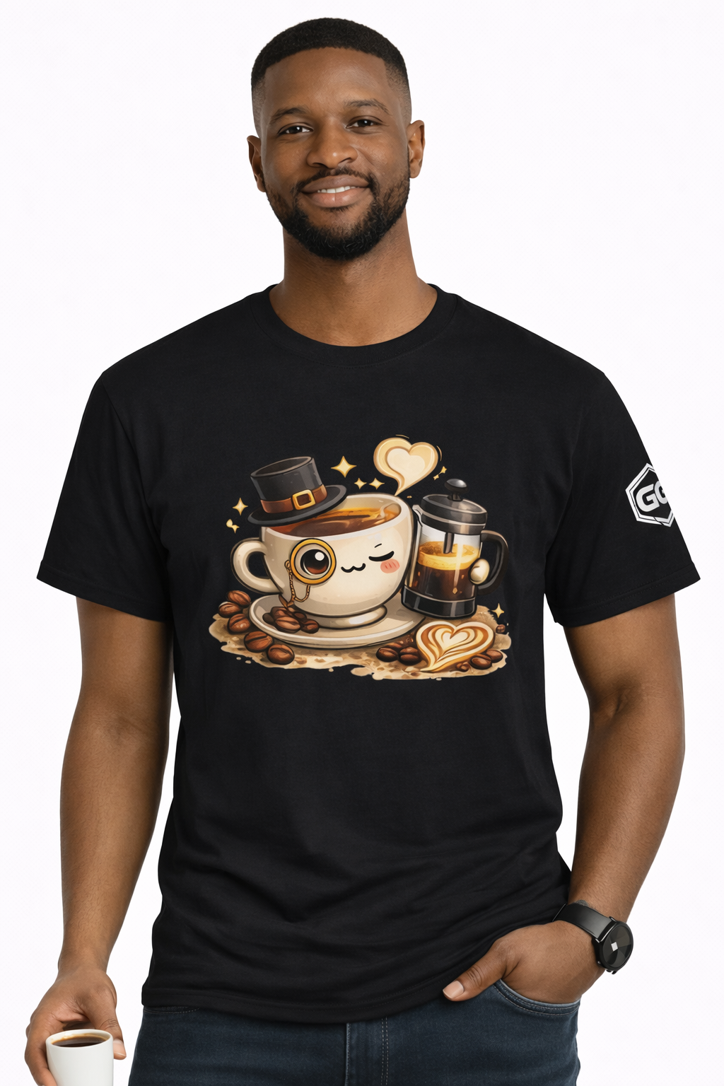 model:1:m | Kaffee-Snob T-Shirt – Modelfoto in Schwarz – Mann