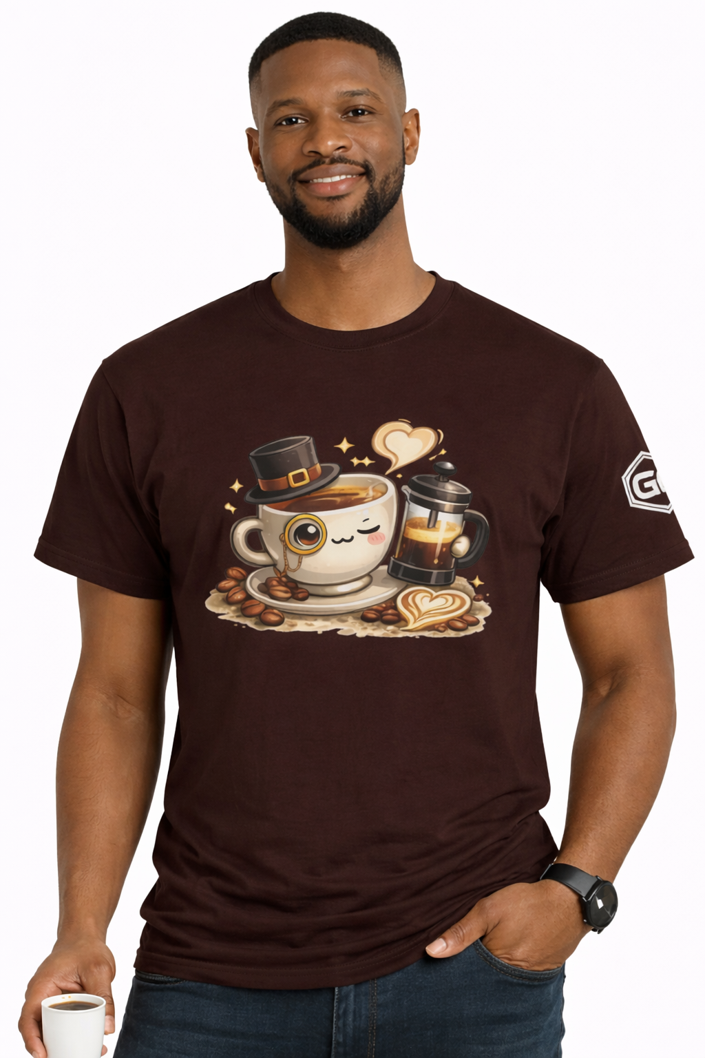 model:3:m | Kaffee-Snob T-Shirt – Modelfoto in Dunkelbraun – Mann