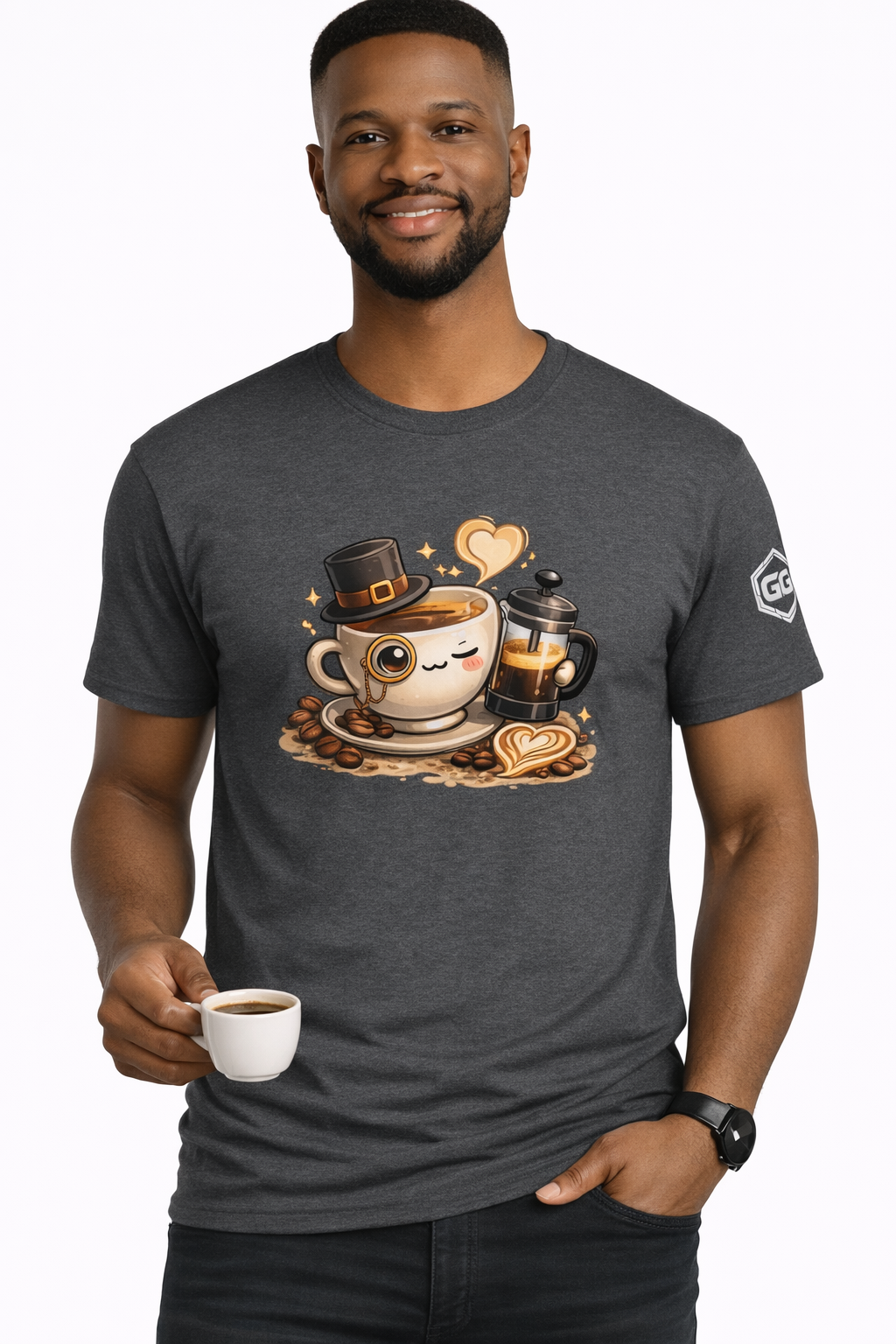 model:6:m | Kaffee-Snob T-Shirt – Modelfoto in Dunkelmeliert – Mann