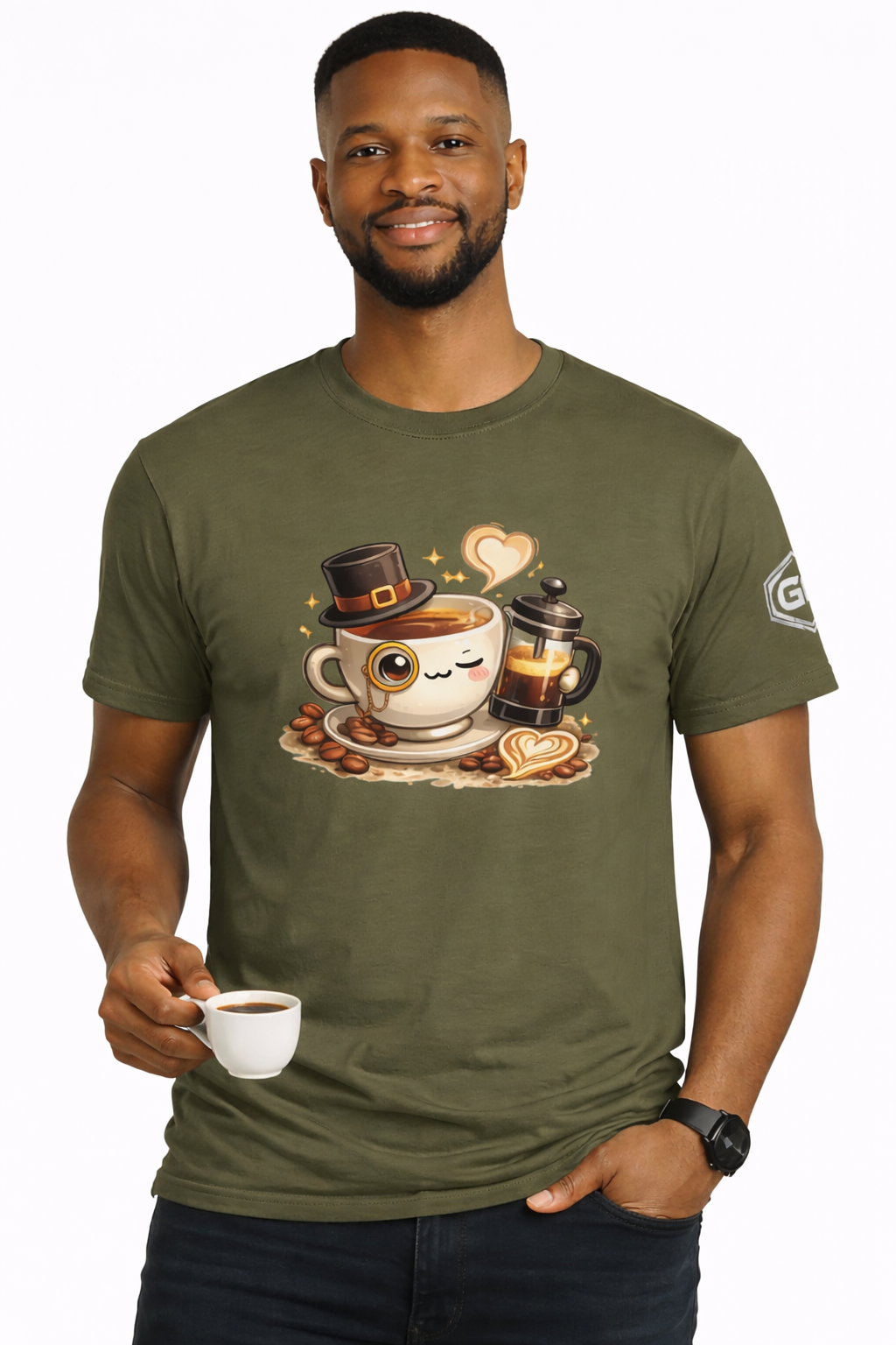 model:5:m | Kaffee-Snob T-Shirt – Modelfoto in Militärgrün – Mann