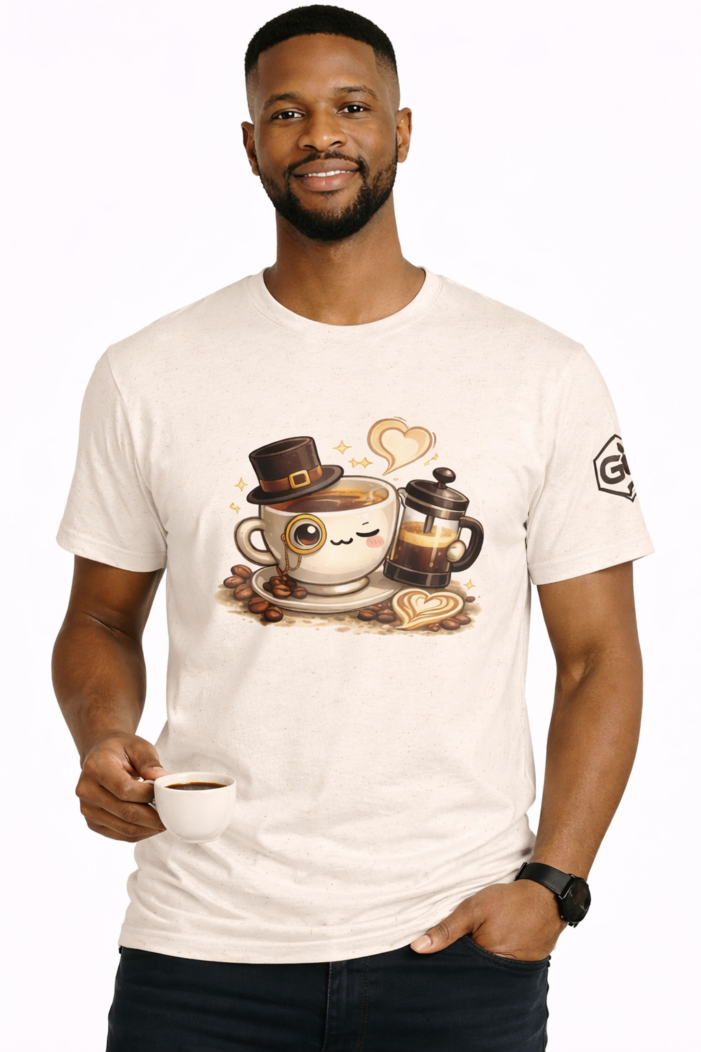 model:4:m | Kaffee-Snob T-Shirt – Modelfoto in Natur – Mann