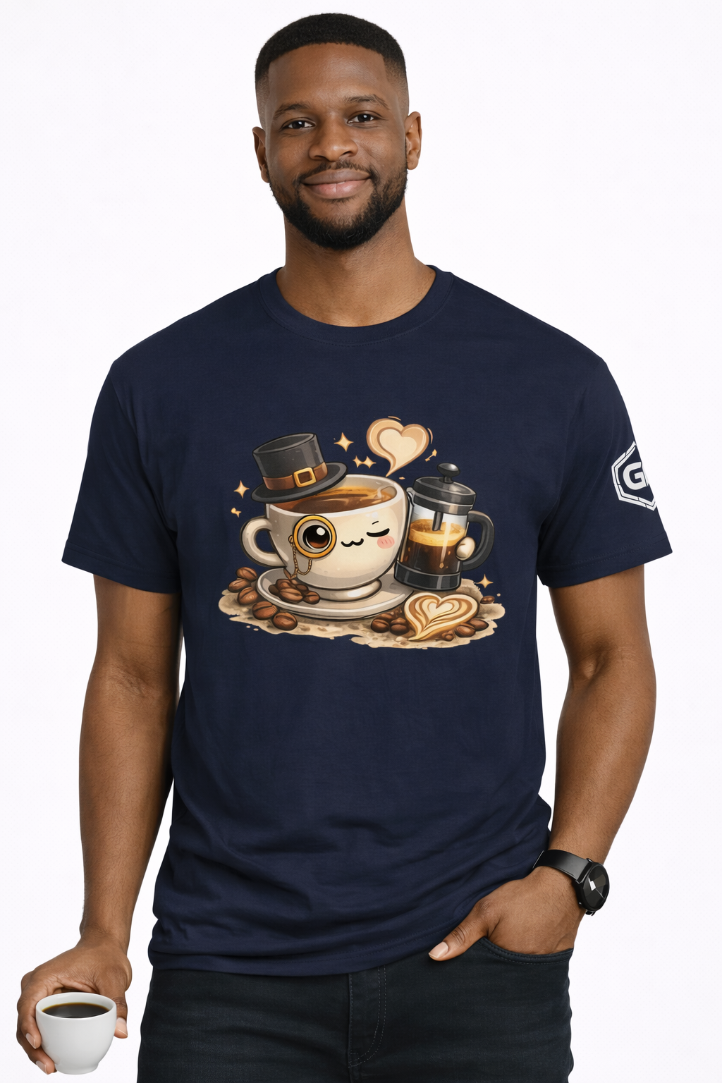 model:9:m | Kaffee-Snob T-Shirt – Modelfoto in Navy – Mann