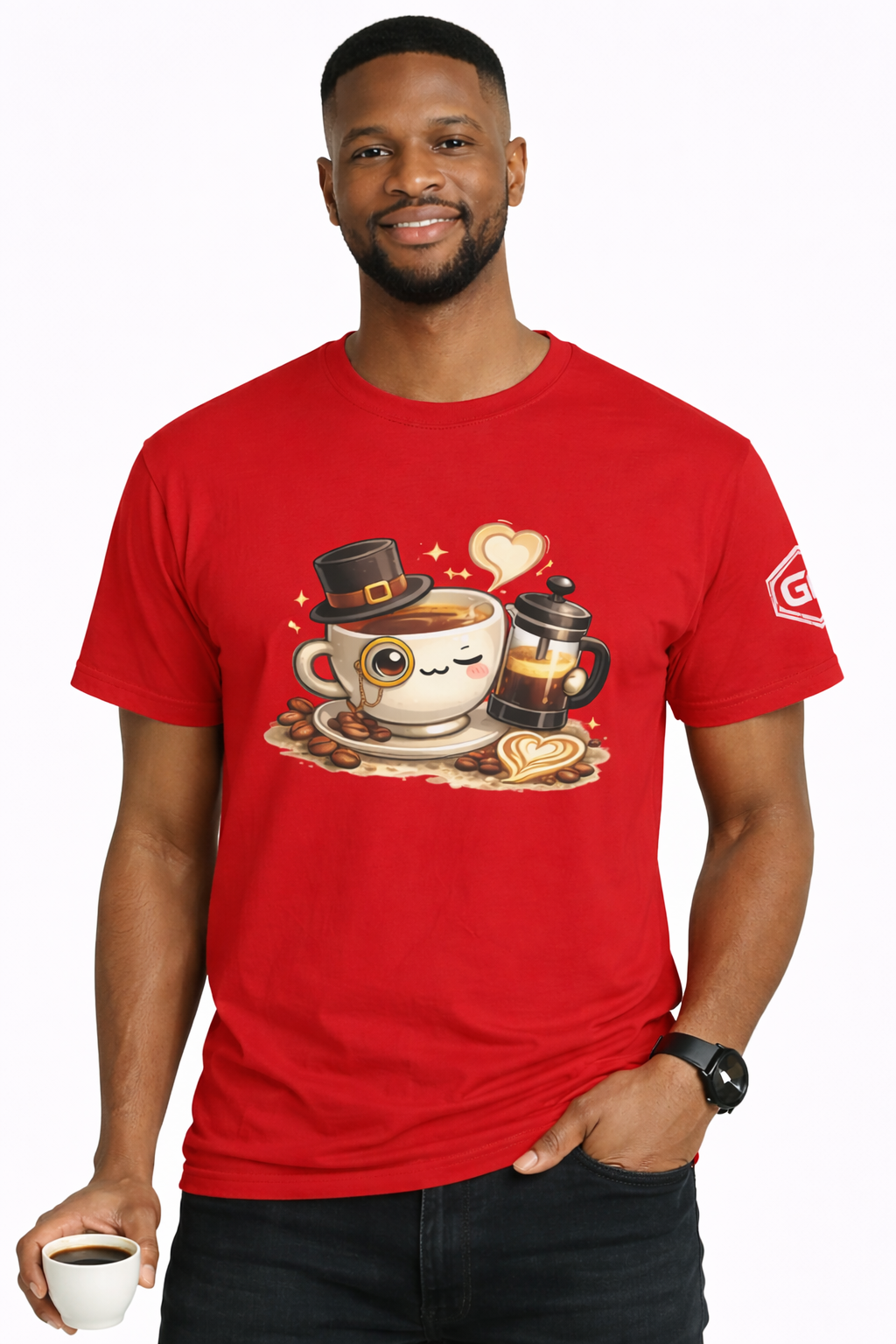 model:10:m | Kaffee-Snob T-Shirt – Modelfoto in Rot – Mann