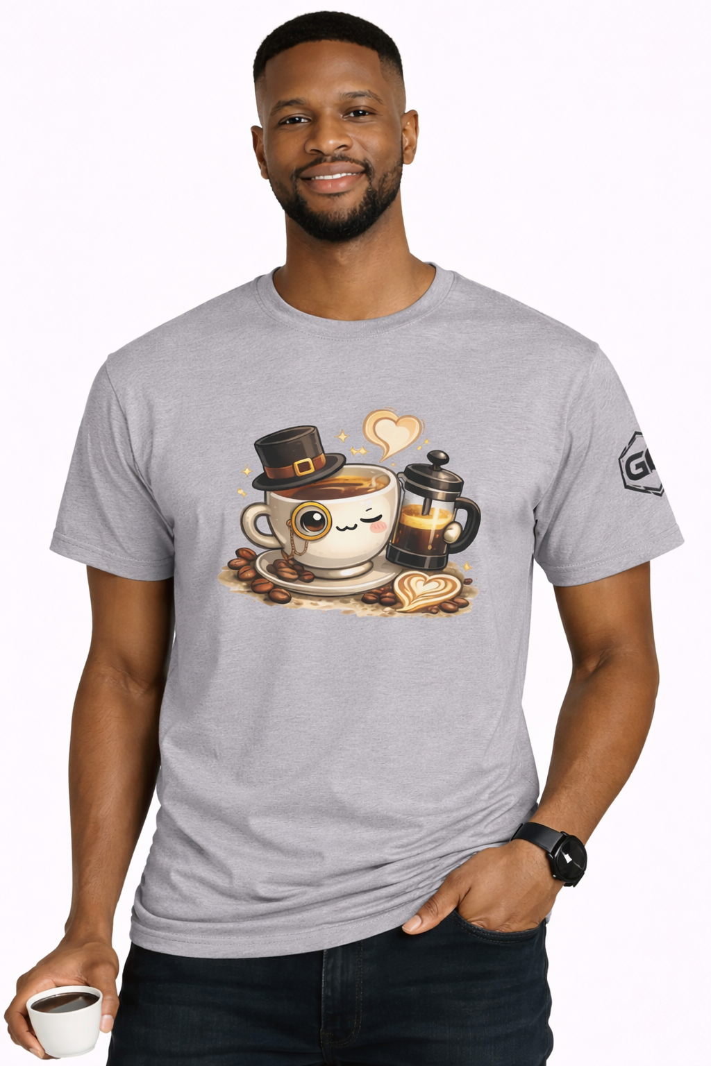 model:2:m | Kaffee-Snob T-Shirt – Modelfoto in Sportgrau – Mann