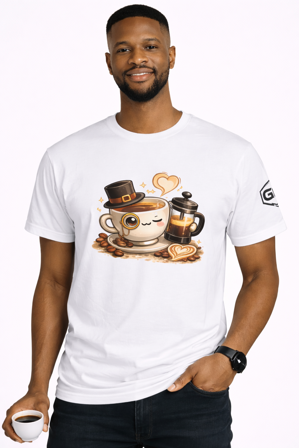 model:0:m | Kaffee-Snob T-Shirt – Modelfoto in Weiß – Mann