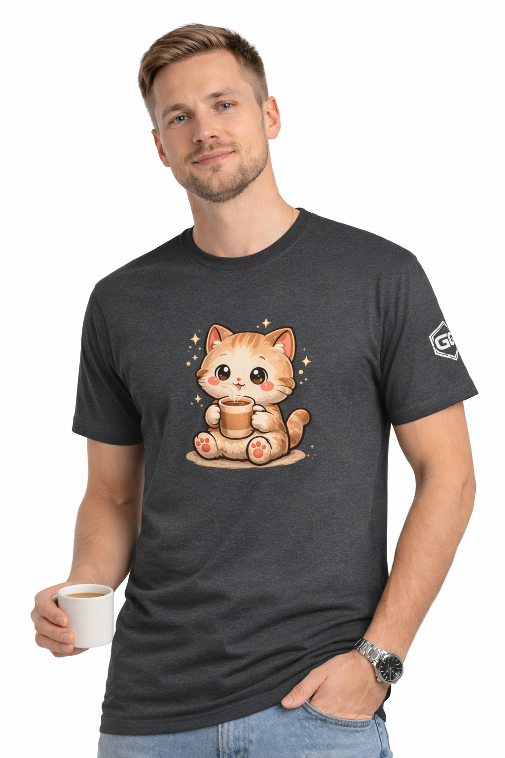 model:6:m | Katze & Kaffee – Lustiges Katzen T-Shirt – Modelfoto in Dunkelmeliert – Mann