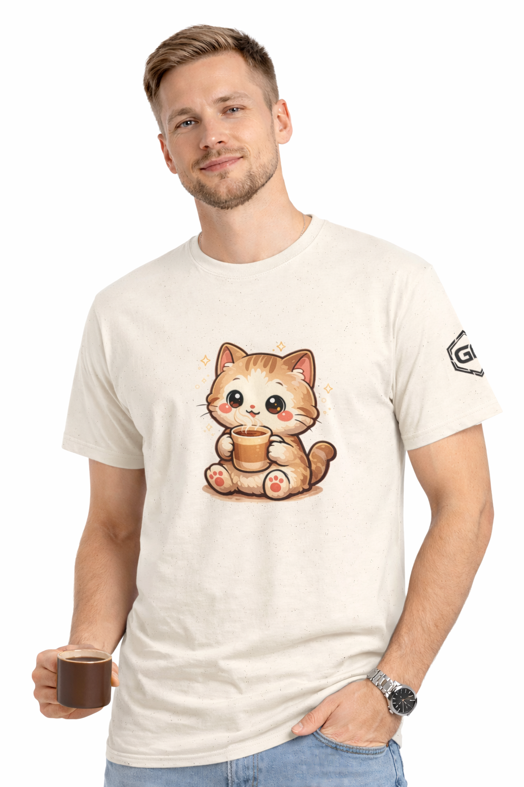 model:4:m | Katze & Kaffee – Lustiges Katzen T-Shirt – Modelfoto in Natur – Mann