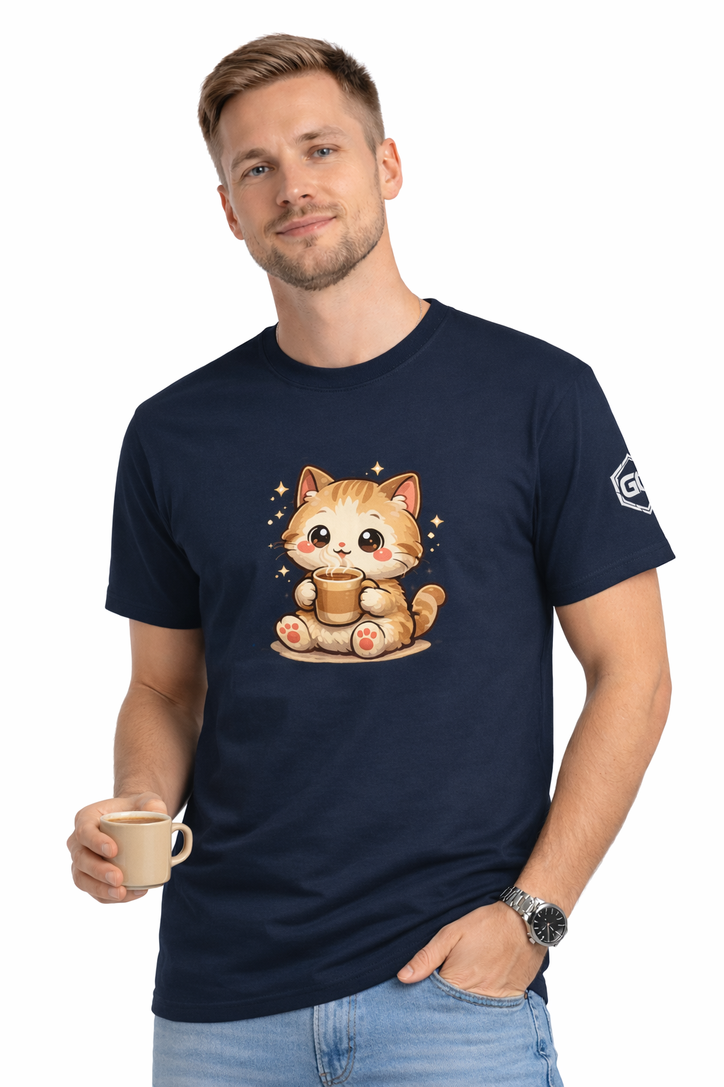 model:9:m | Katze & Kaffee – Lustiges Katzen T-Shirt – Modelfoto in Navy – Mann