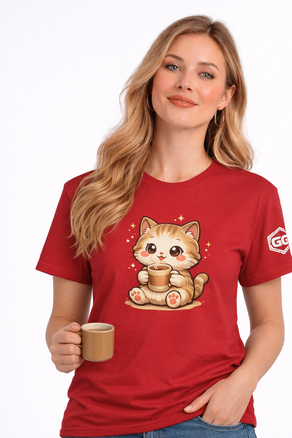 model:10:f | Katze & Kaffee – Lustiges Katzen T-Shirt – Modelfoto in Rot – Frau