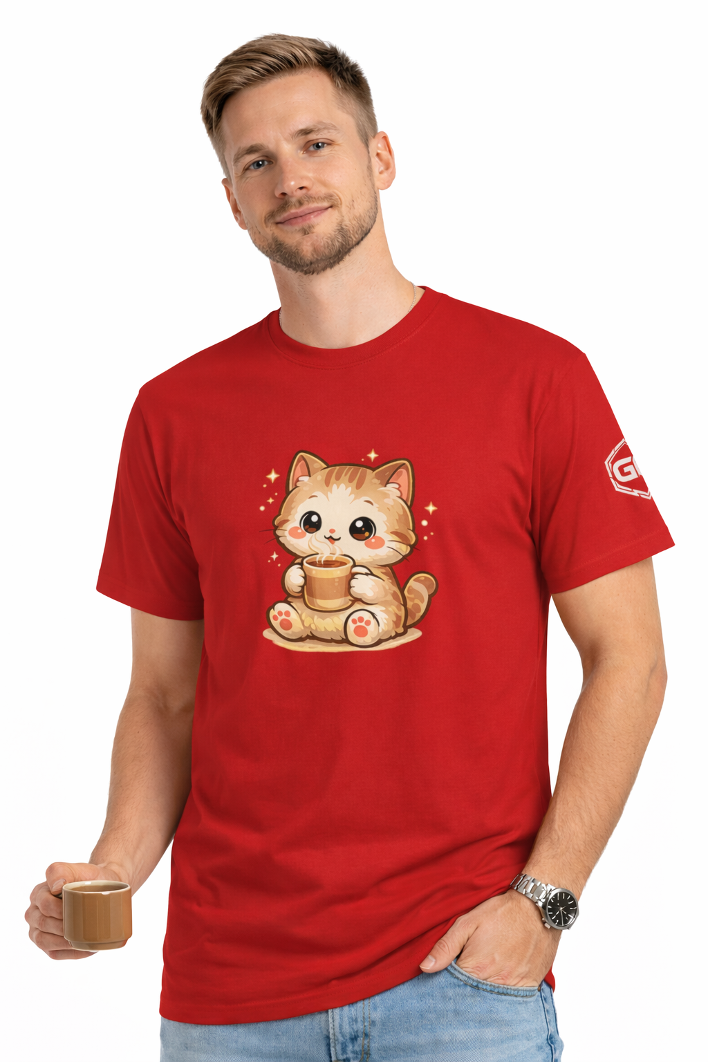 model:10:m | Katze & Kaffee – Lustiges Katzen T-Shirt – Modelfoto in Rot – Mann