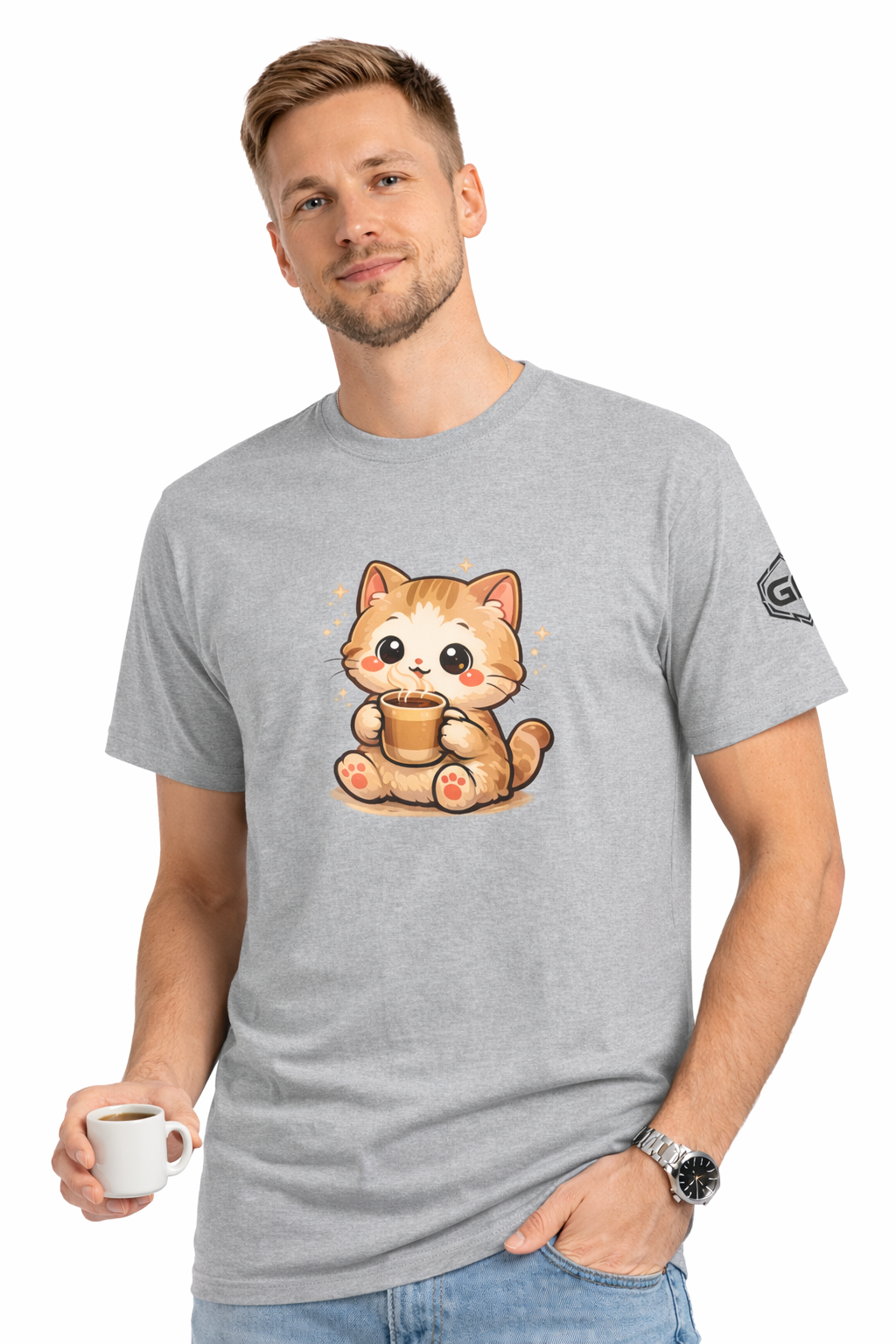 model:2:m | Katze & Kaffee – Lustiges Katzen T-Shirt – Modelfoto in Sportgrau – Mann