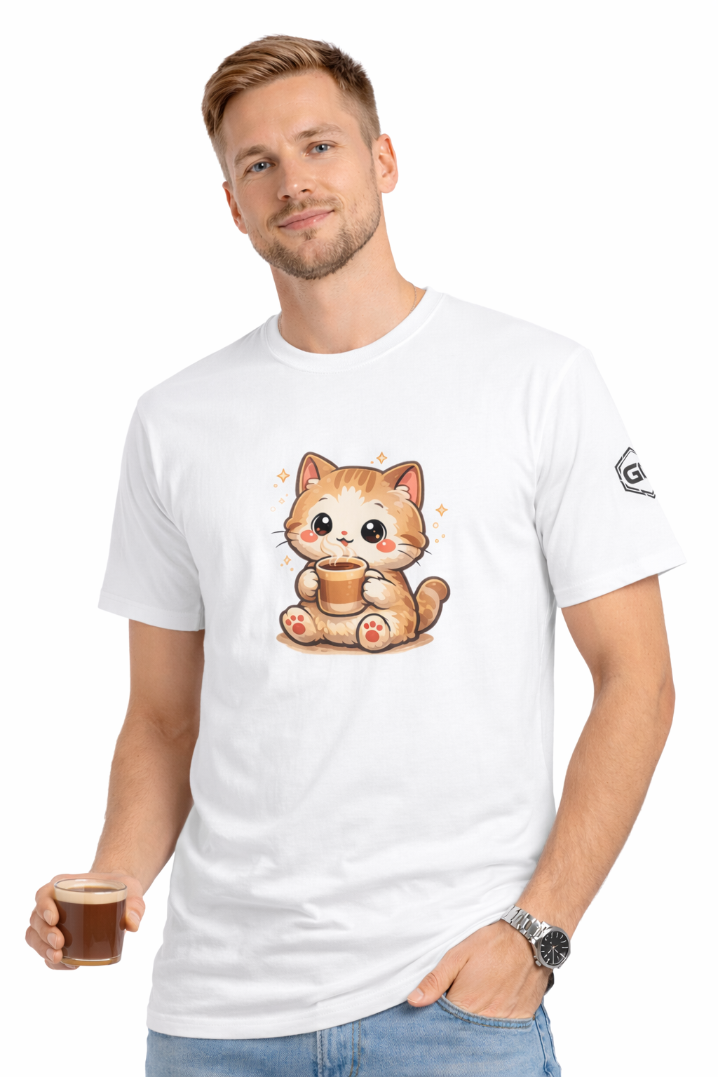 model:0:m | Katze & Kaffee – Lustiges Katzen T-Shirt – Modelfoto in Weiß – Mann