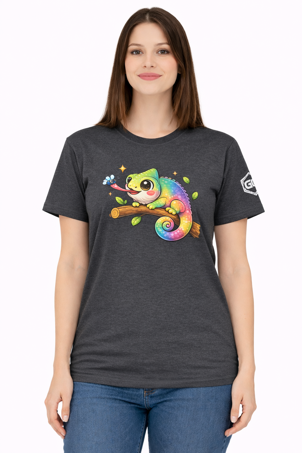 model:6:f | Kawaii Chameleon T-Shirt – Modelfoto in Dunkelmeliert – Frau