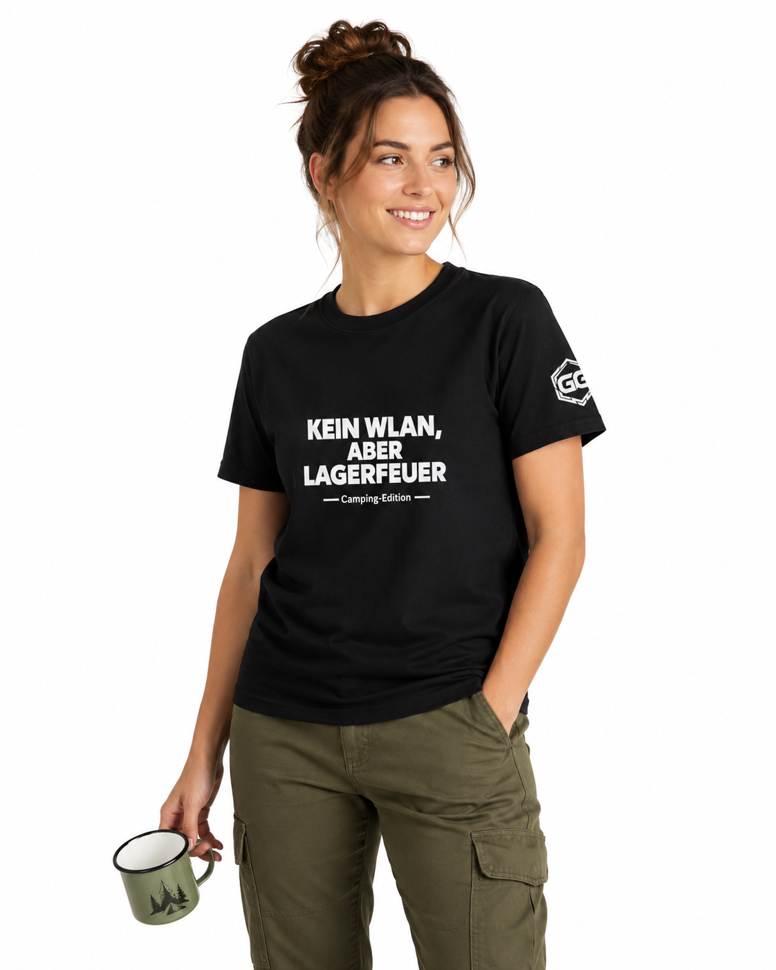 model:1:f | No WiFi, But Campfire T-Shirt — Camping Edition – Model photo in Black – Woman