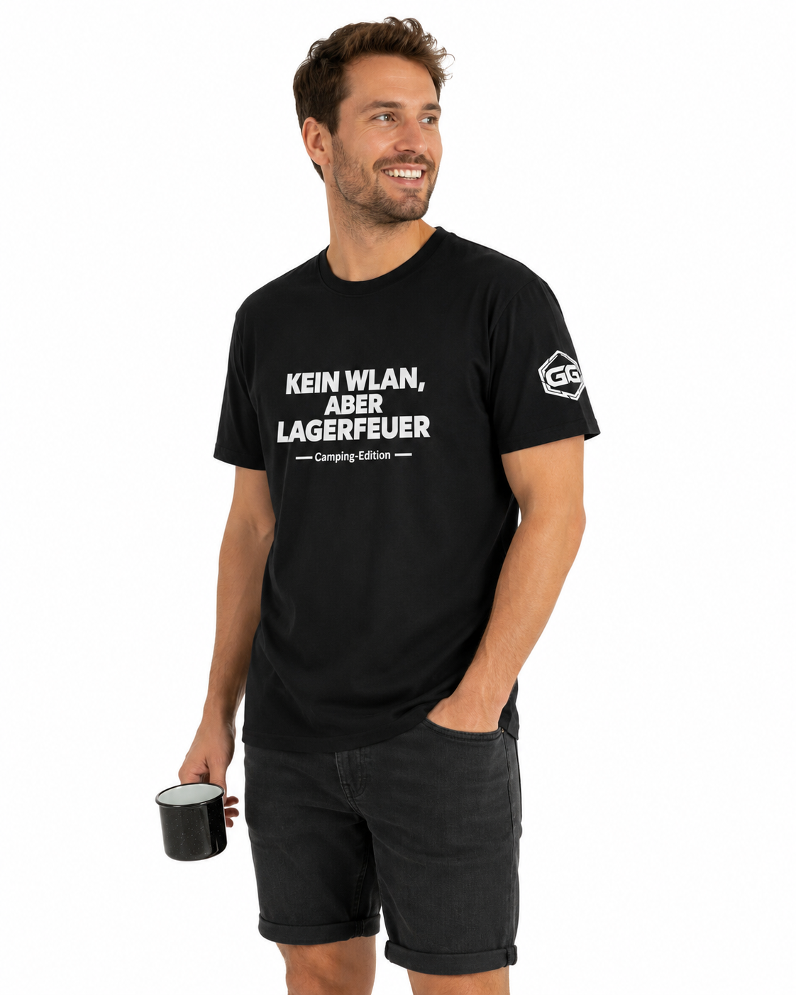 model:1:m | No WiFi, But Campfire T-Shirt — Camping Edition – Model photo in Black – Man