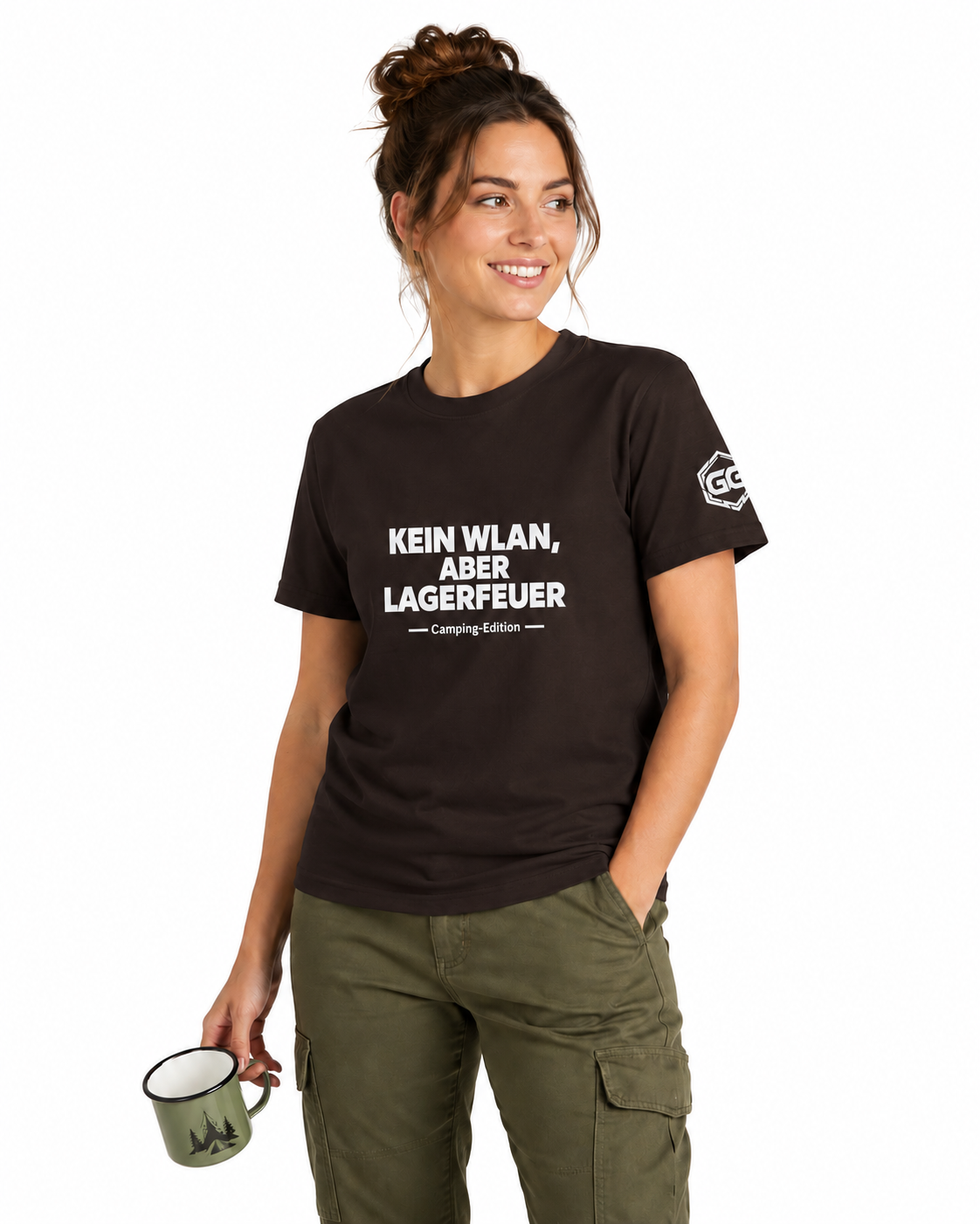 model:3:f | No WiFi, But Campfire T-Shirt — Camping Edition – Model photo in Dark Chocolate – Woman