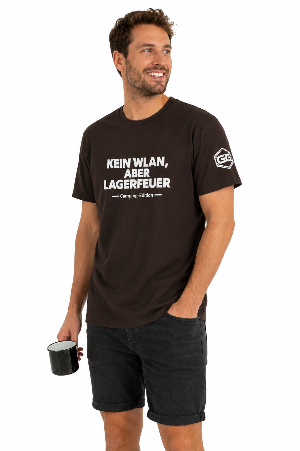 model:3:m | No WiFi, But Campfire T-Shirt — Camping Edition – Model photo in Dark Chocolate – Man