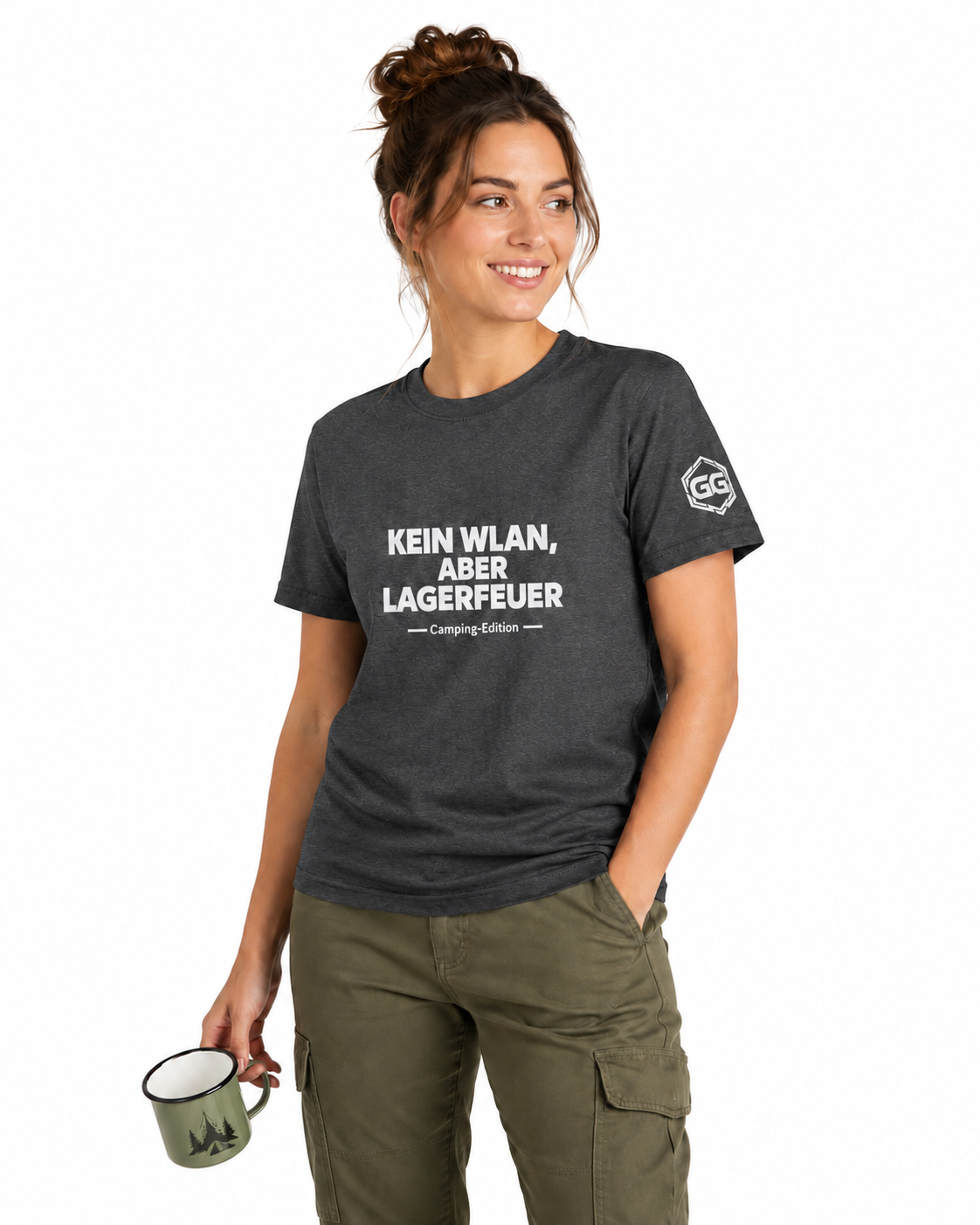model:6:f | No WiFi, But Campfire T-Shirt — Camping Edition – Model photo in Dark Heather – Woman