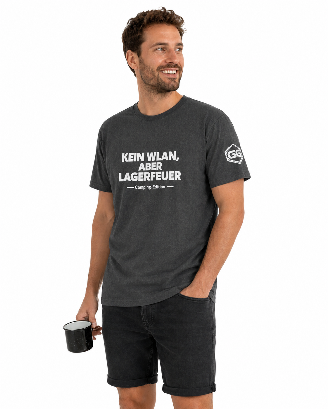 model:6:m | No WiFi, But Campfire T-Shirt — Camping Edition – Model photo in Dark Heather – Man
