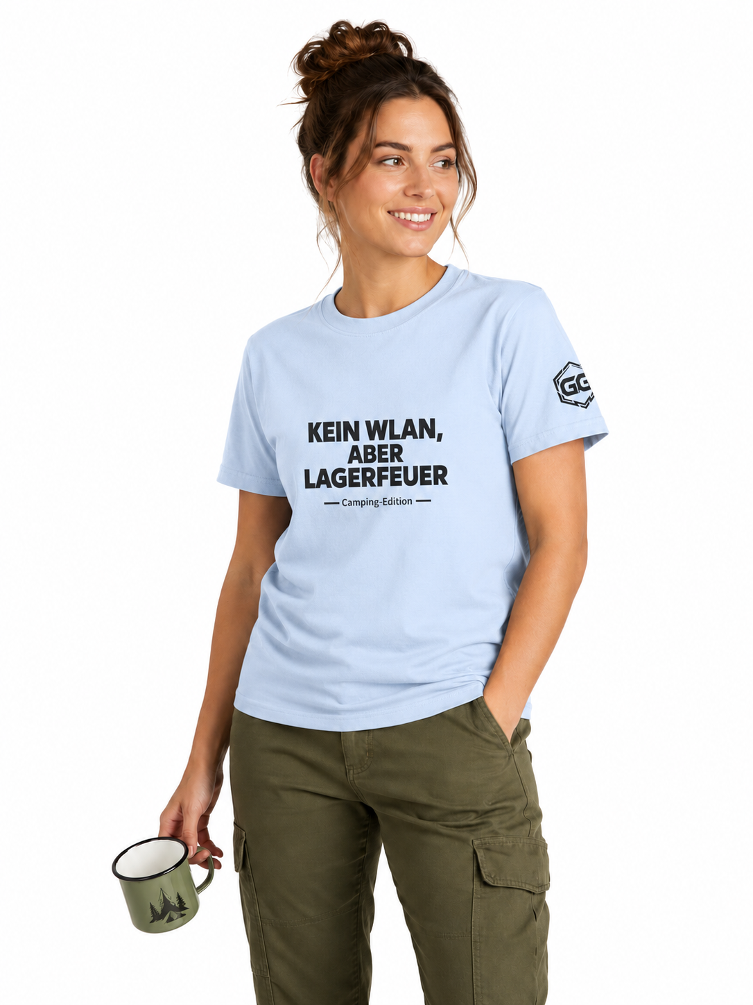 model:7:f | No WiFi, But Campfire T-Shirt — Camping Edition – Model photo in Light Blue – Woman