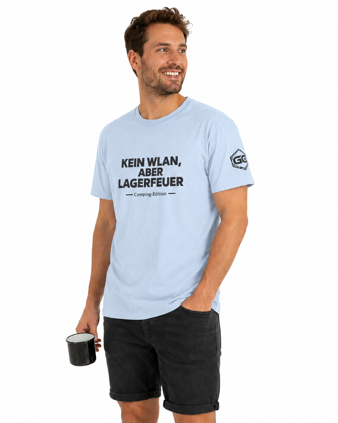 model:7:m | No WiFi, But Campfire T-Shirt — Camping Edition – Model photo in Light Blue – Man