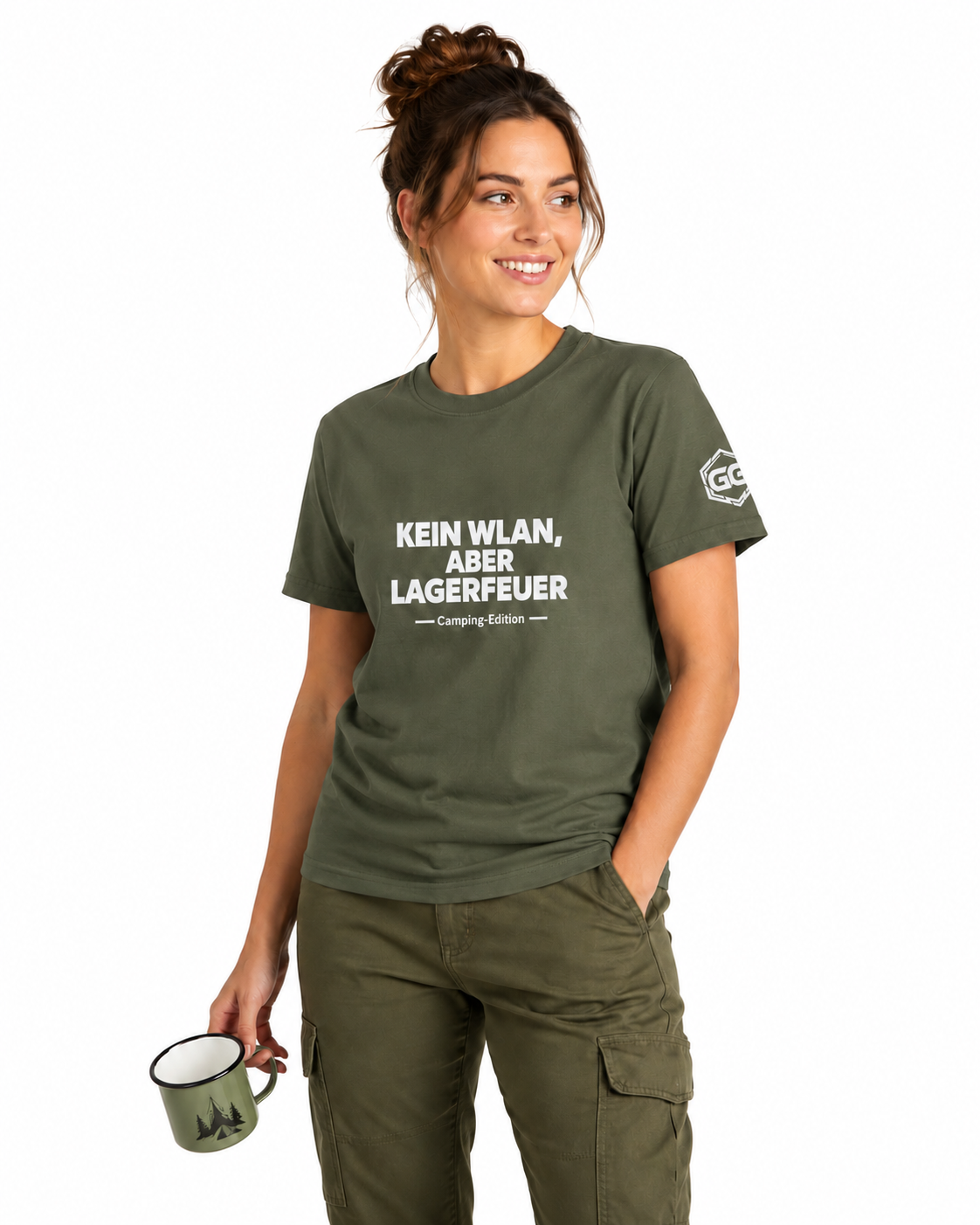 model:5:f | No WiFi, But Campfire T-Shirt — Camping Edition – Model photo in Military Green – Woman