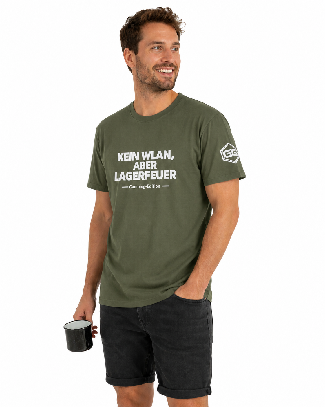 model:5:m | No WiFi, But Campfire T-Shirt — Camping Edition – Model photo in Military Green – Man
