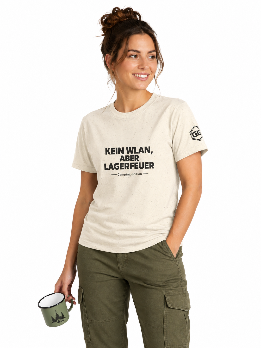 model:4:f | No WiFi, But Campfire T-Shirt — Camping Edition – Model photo in Natural – Woman