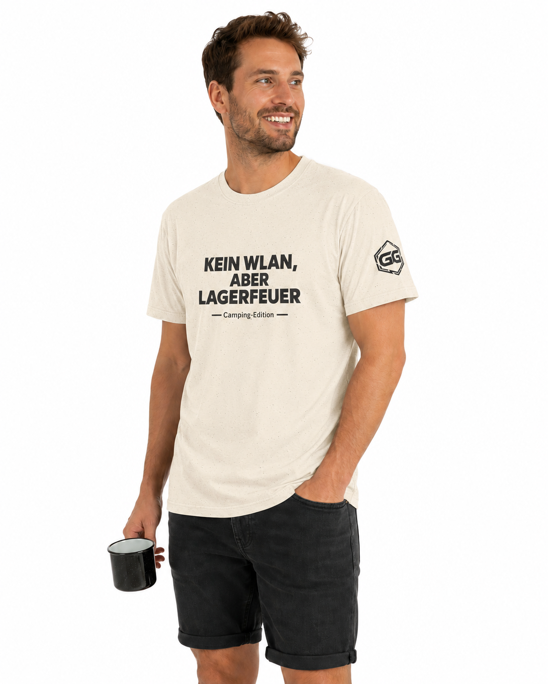 model:4:m | No WiFi, But Campfire T-Shirt — Camping Edition – Model photo in Natural – Man