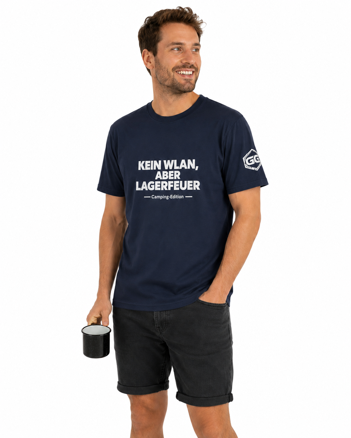 model:9:m | No WiFi, But Campfire T-Shirt — Camping Edition – Model photo in Navy – Man