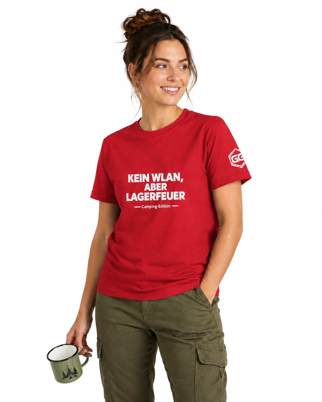 model:10:f | No WiFi, But Campfire T-Shirt — Camping Edition – Model photo in Red – Woman