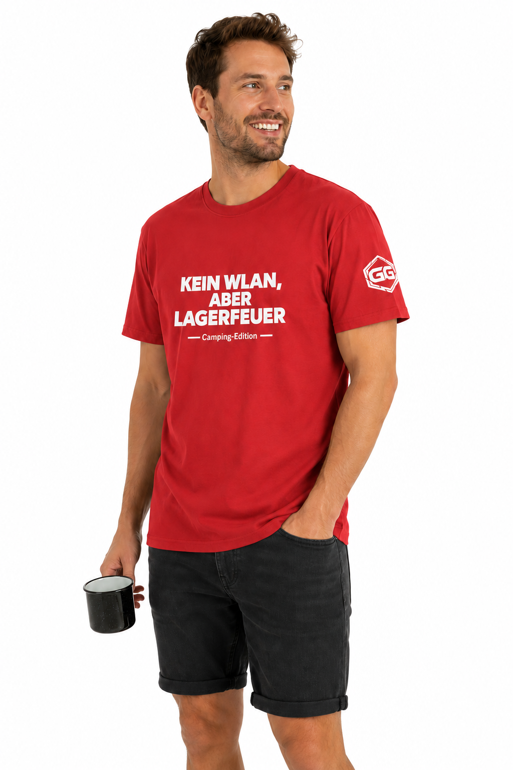 model:10:m | No WiFi, But Campfire T-Shirt — Camping Edition – Model photo in Red – Man