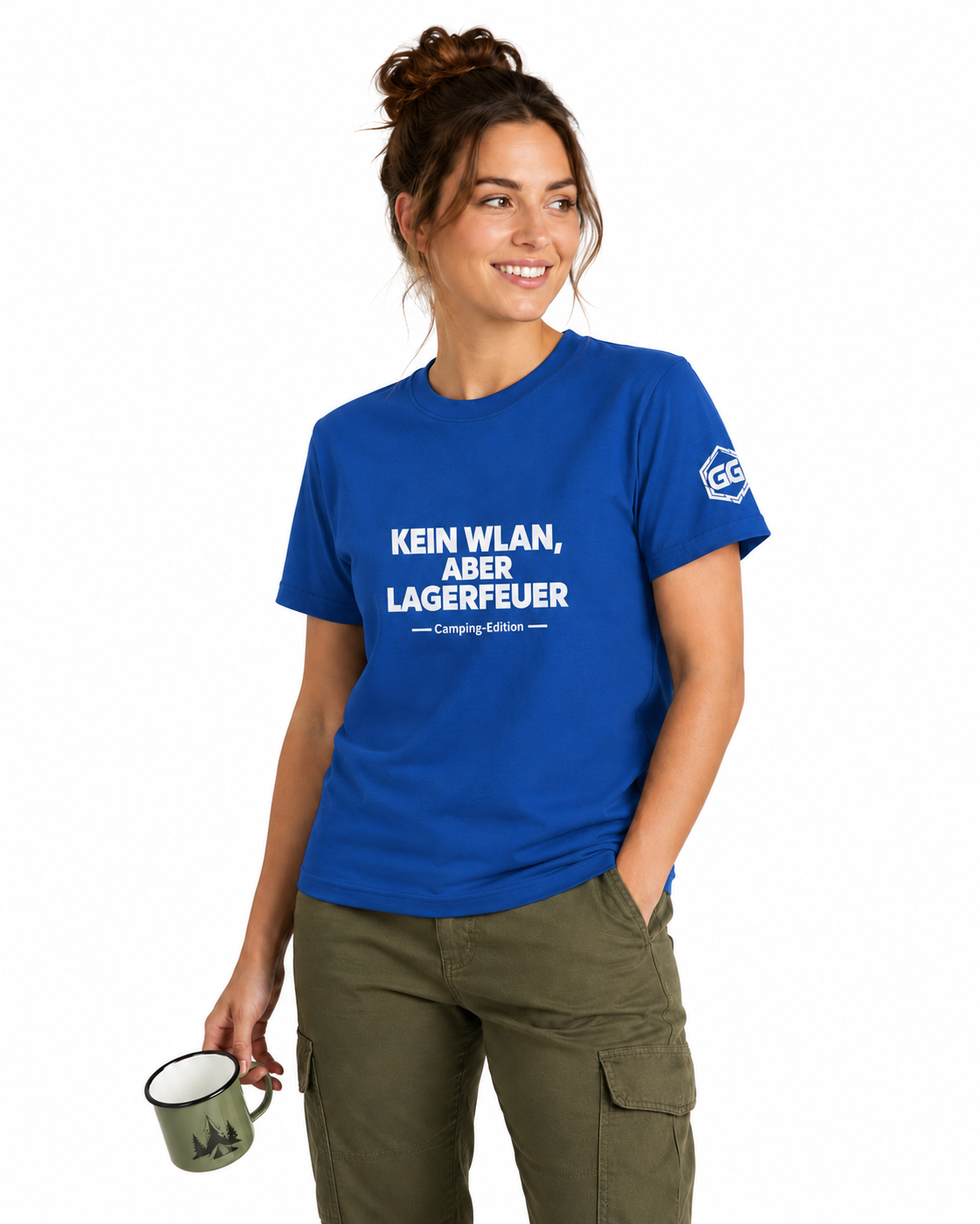model:8:f | No WiFi, But Campfire T-Shirt — Camping Edition – Model photo in Royal – Woman