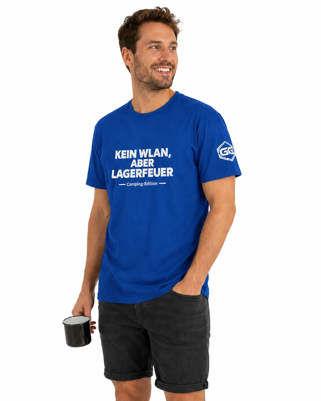 model:8:m | No WiFi, But Campfire T-Shirt — Camping Edition – Model photo in Royal – Man
