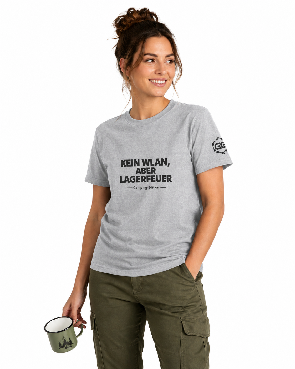model:2:f | No WiFi, But Campfire T-Shirt — Camping Edition – Model photo in Sport Grey – Woman