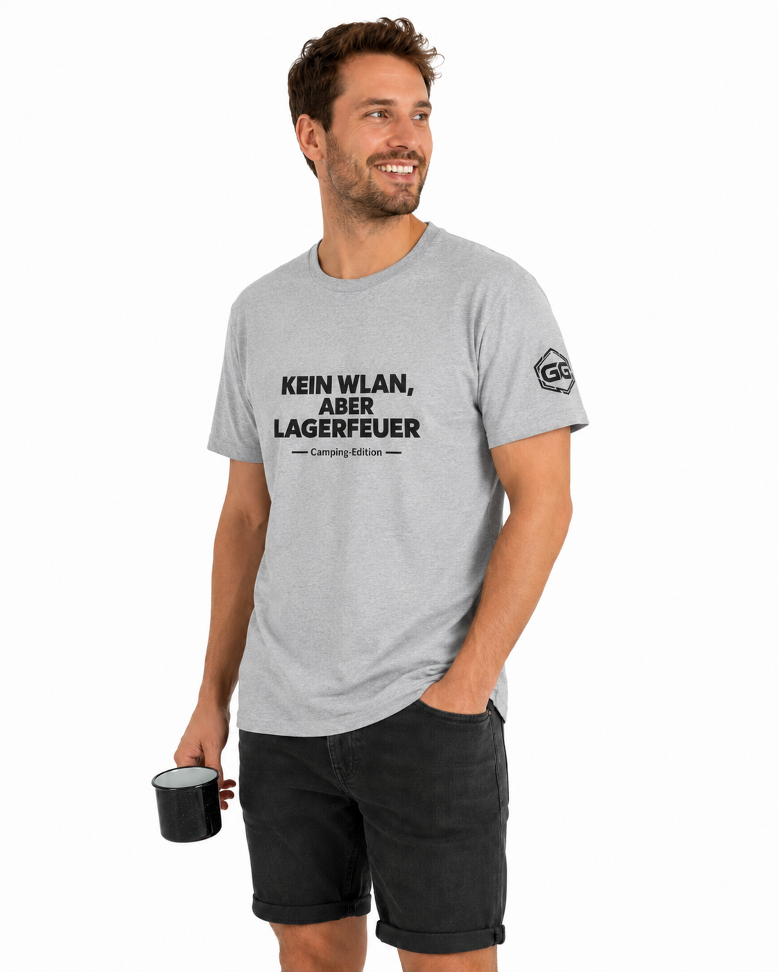 model:2:m | No WiFi, But Campfire T-Shirt — Camping Edition – Model photo in Sport Grey – Man