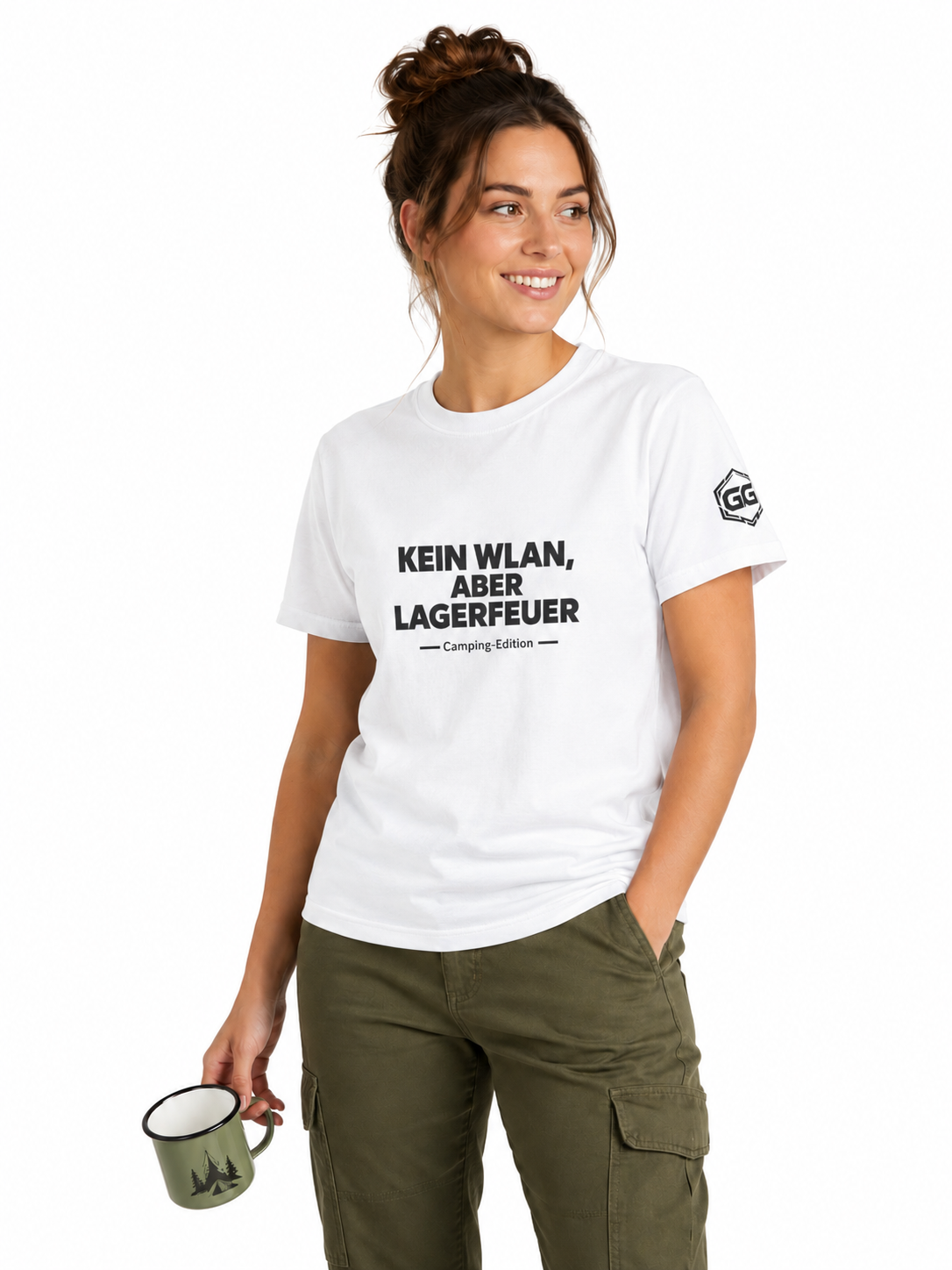 model:0:f | No WiFi, But Campfire T-Shirt — Camping Edition – Model photo in White – Woman
