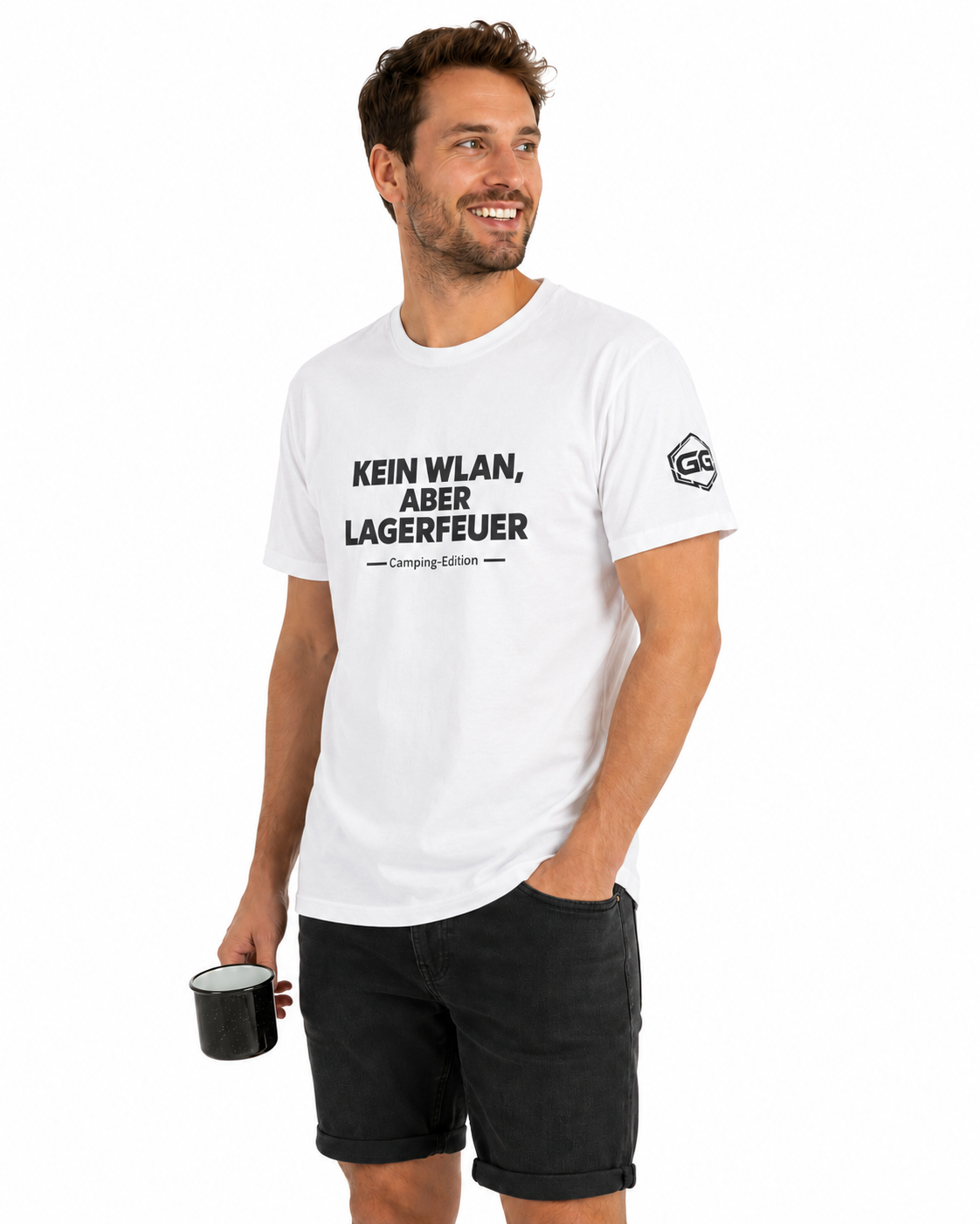 model:0:m | No WiFi, But Campfire T-Shirt — Camping Edition – Model photo in White – Man