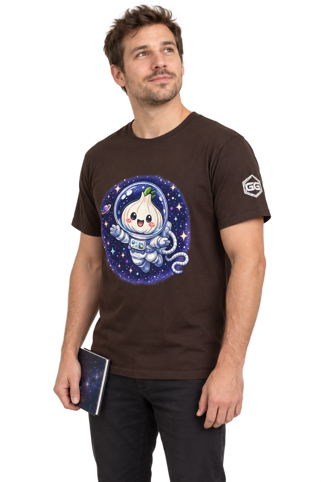 model:3:m | Knoblauch Astronaut T-Shirt – Model photo in Dark Chocolate – Man