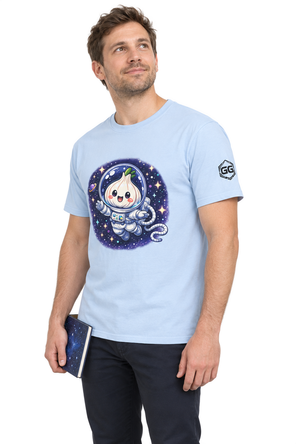model:7:m | Knoblauch Astronaut T-Shirt – Model photo in Light Blue – Man