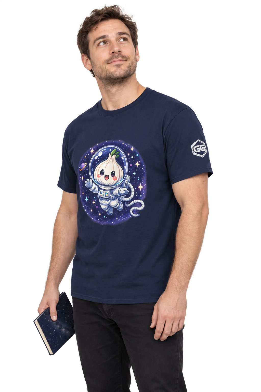 model:9:m | Knoblauch Astronaut T-Shirt – Model photo in Navy – Man
