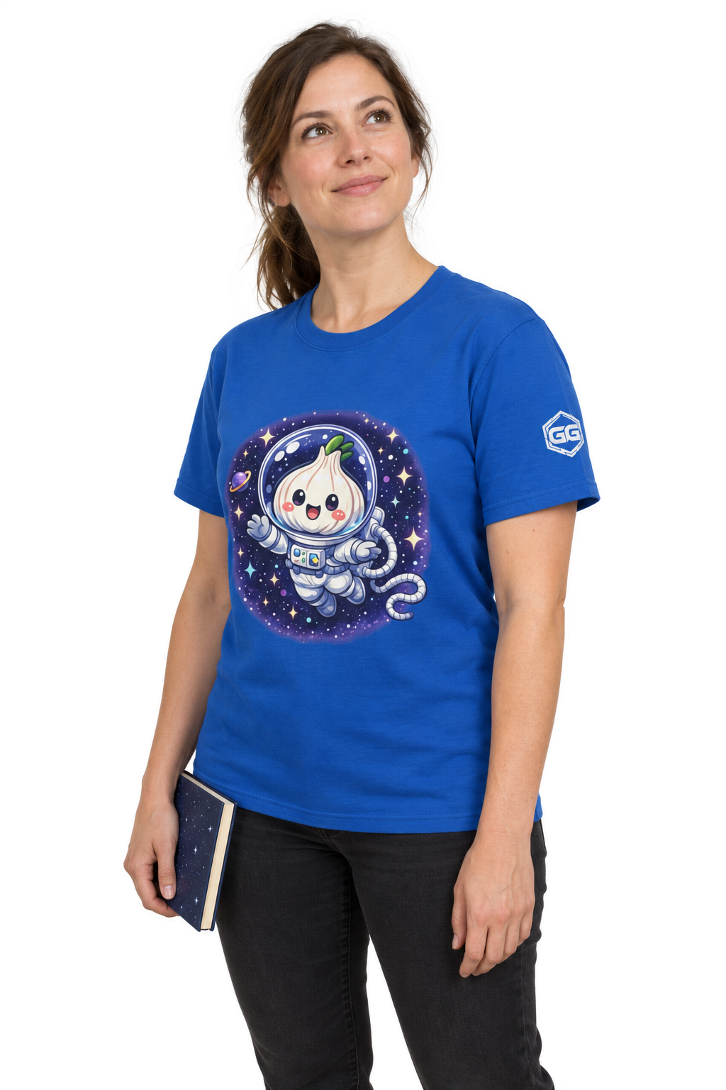 model:8:f | Knoblauch Astronaut T-Shirt – Model photo in Royal – Woman