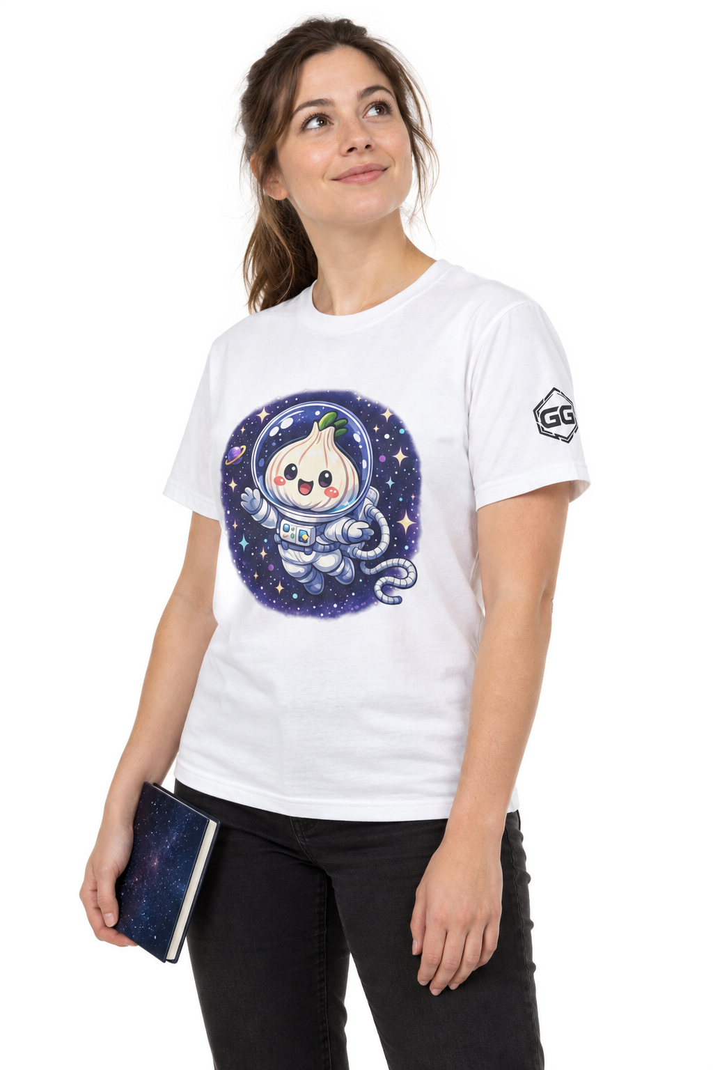 model:0:f | Knoblauch Astronaut T-Shirt – Model photo in White – Woman