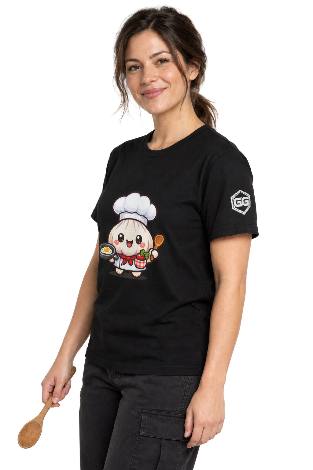model:1:f | Garlic Chef T-Shirt – Modelfoto in Schwarz – Frau