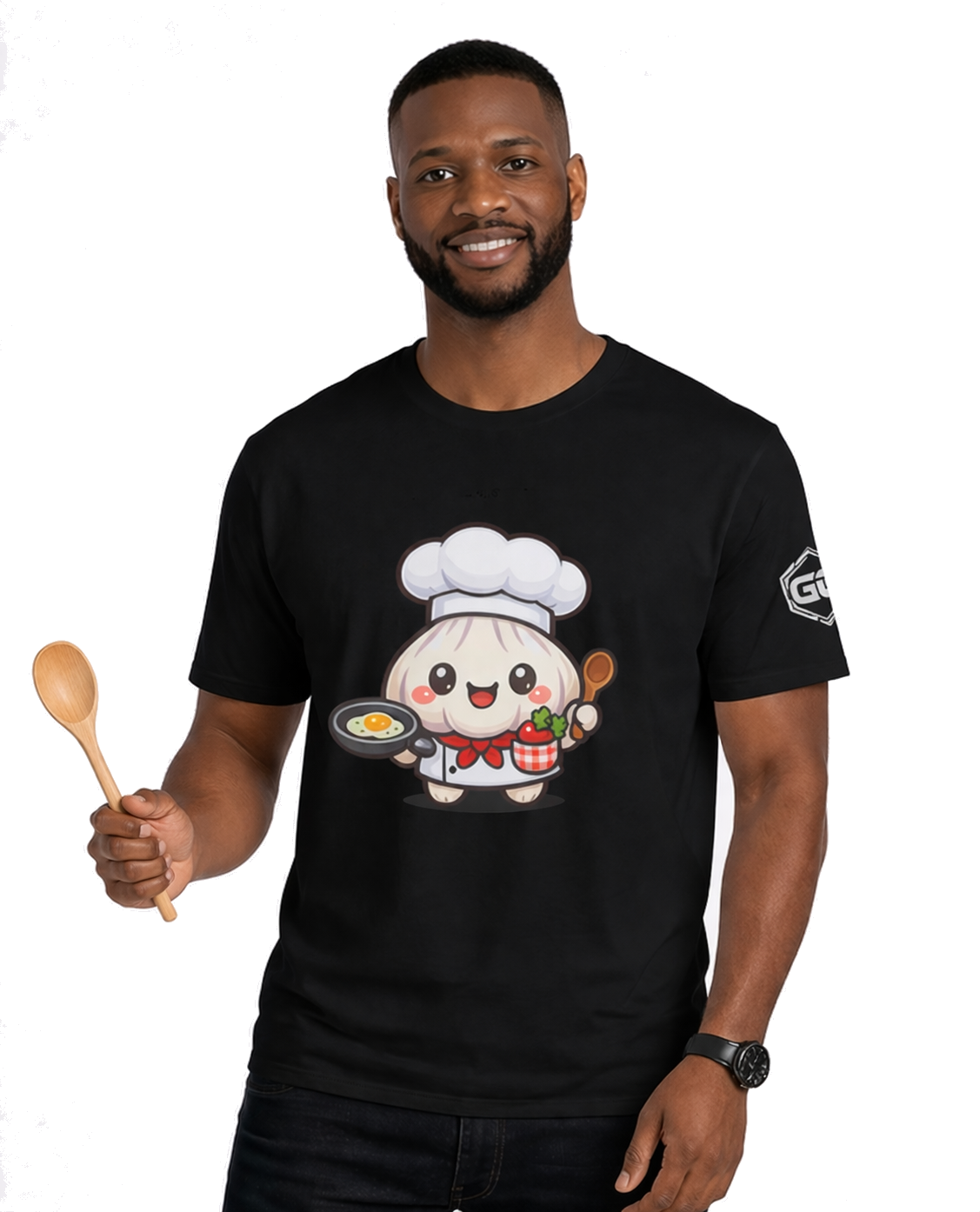 model:1:m | Garlic Chef T-Shirt – Modelfoto in Schwarz – Mann