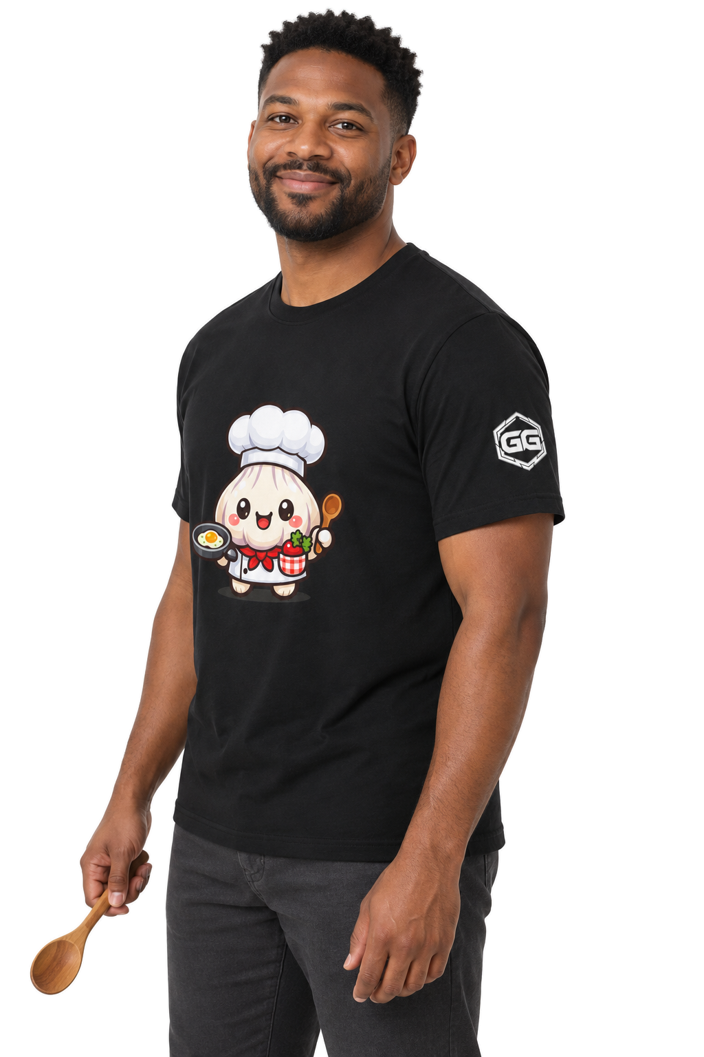model:1:m | Garlic Chef T-Shirt – Modelfoto in Schwarz – Mann