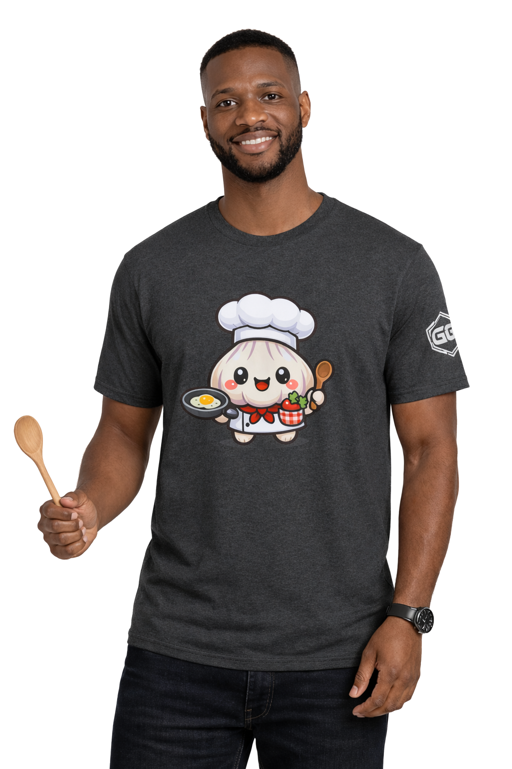 model:6:m | Garlic Chef T-Shirt – Modelfoto in Dunkelmeliert – Mann