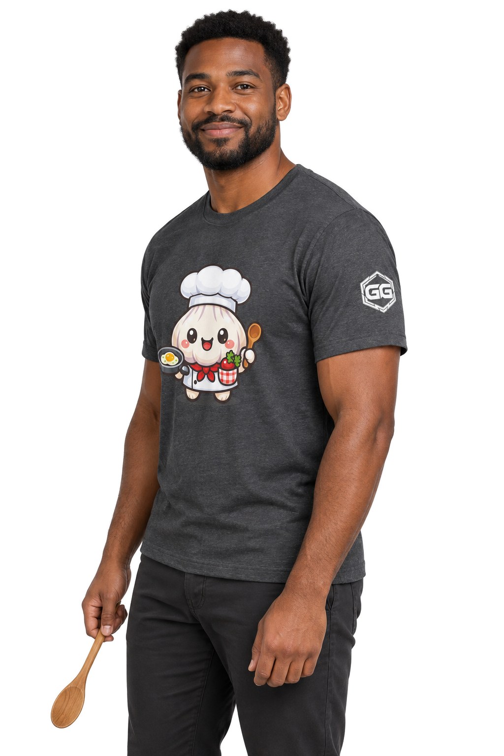 model:6:m | Garlic Chef T-Shirt – Modelfoto in Dunkelmeliert – Mann